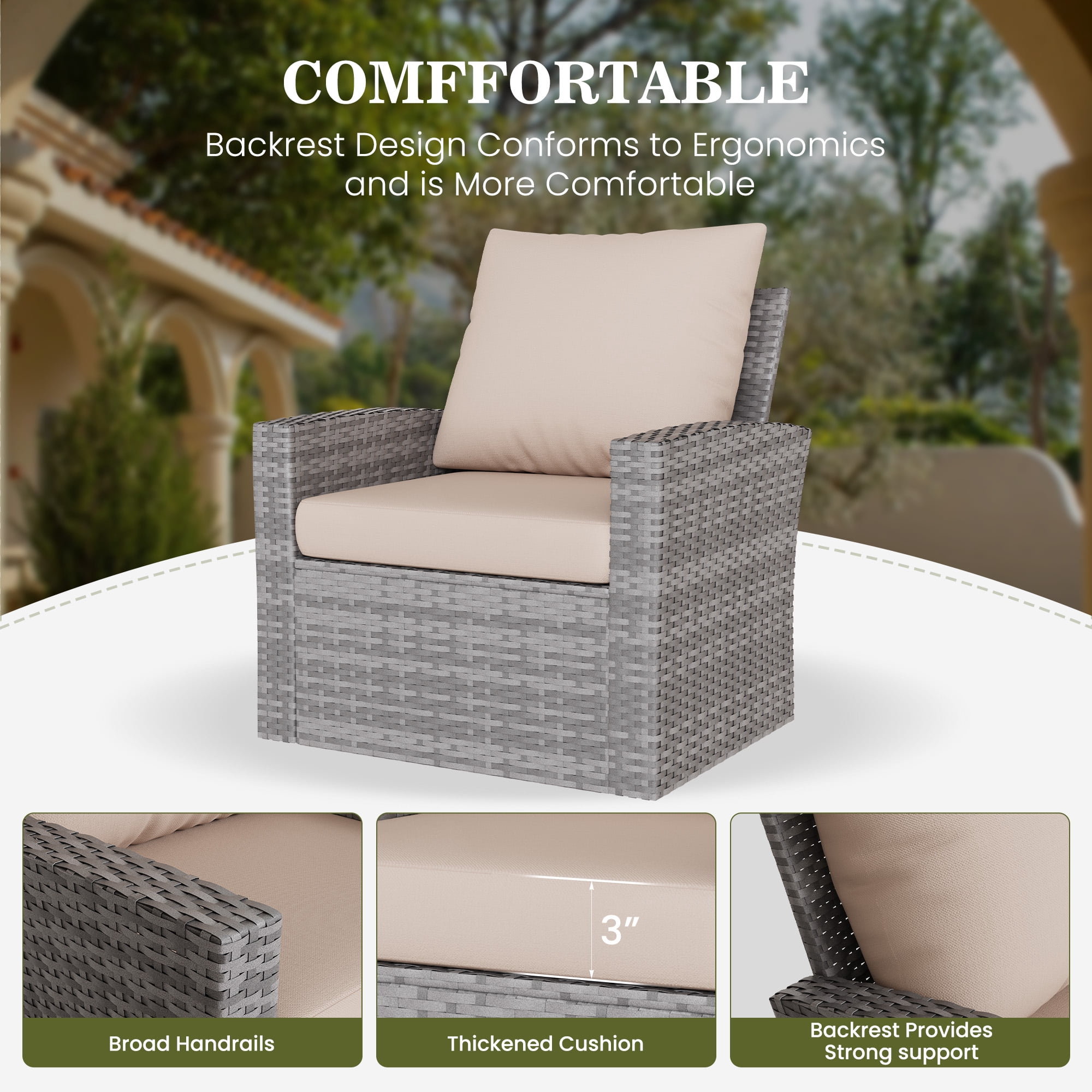 ELPOSUN 5 Pieces Outdoor Sectional PE Rattan Conversation Sofa Set with Gray Wicker, Beige