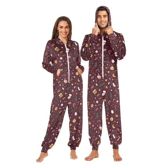 Adult Christmas Onesie Christmas Tree Star Candy Socks Adult Zipper One-Piece Pajamas Unisex Pajamas with Pockets