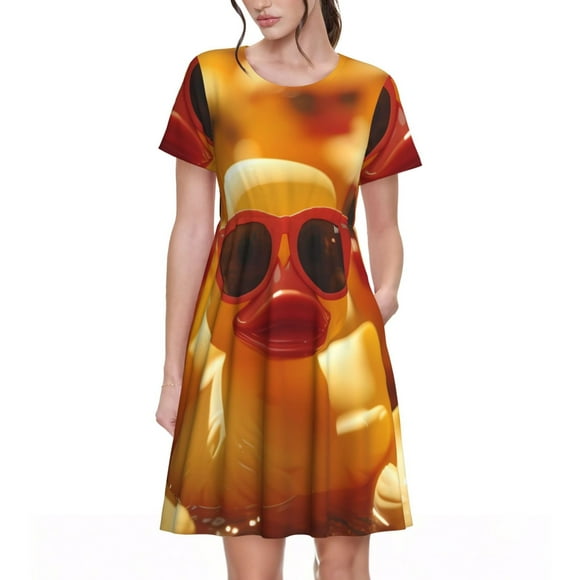 Fotbe Sunglasses Yellow Duck Vestido Largo de Moda para Mujer, Vestido Tipo Camiseta con Manga Corta y Estilo Casual a Rayas y Bloques de Color