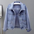 thumbnail image 3 of Women Jacket Turn-down Collar Long Sleeve Single-breasted Solid Color Buttons Embroidery Pockets Short Type Denim Hip Hop Streetwear Lady Coat, 3 of 7