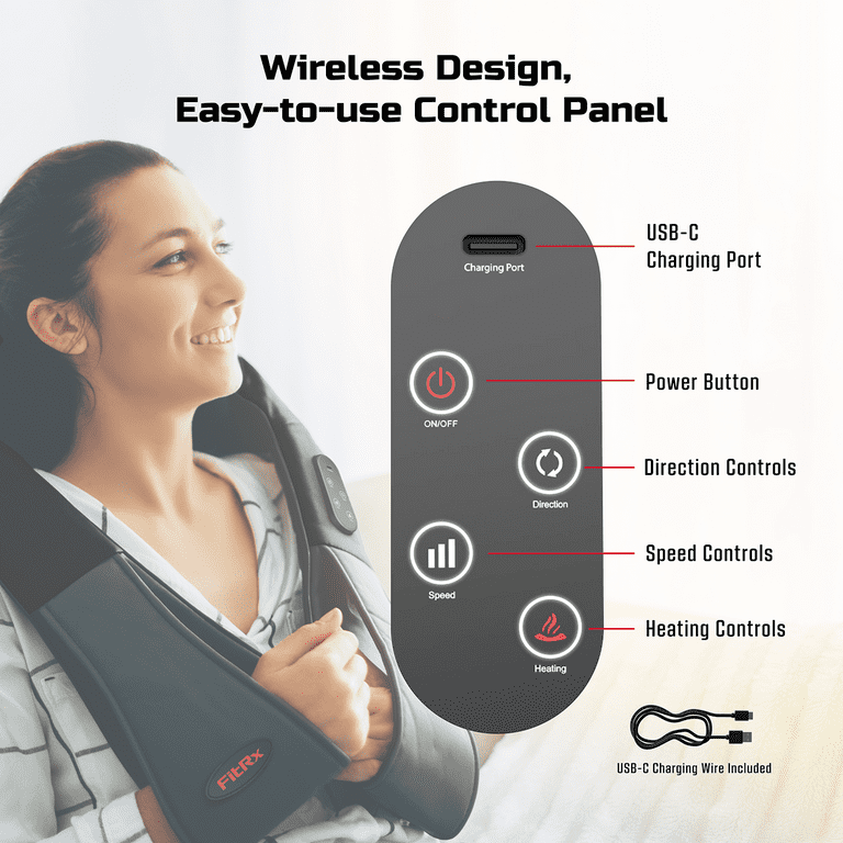 FitRx Cordless Shiatsu 3D Massager, USB-Rechargeable Shoulders, Back, and Neck Massager with Heat