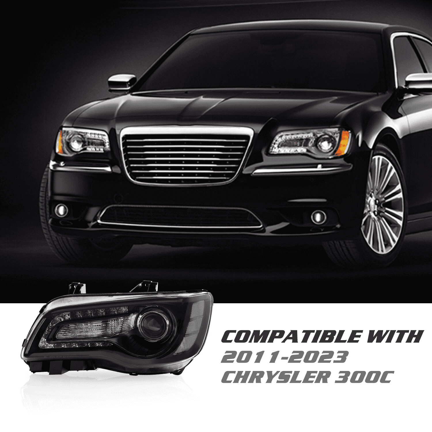 Titans Motors LED DRL Projector Headlights for 2011–2023 Chrysler 300 — Black Housing Headlamp Assembly with Bulbs, Left and Right Pair