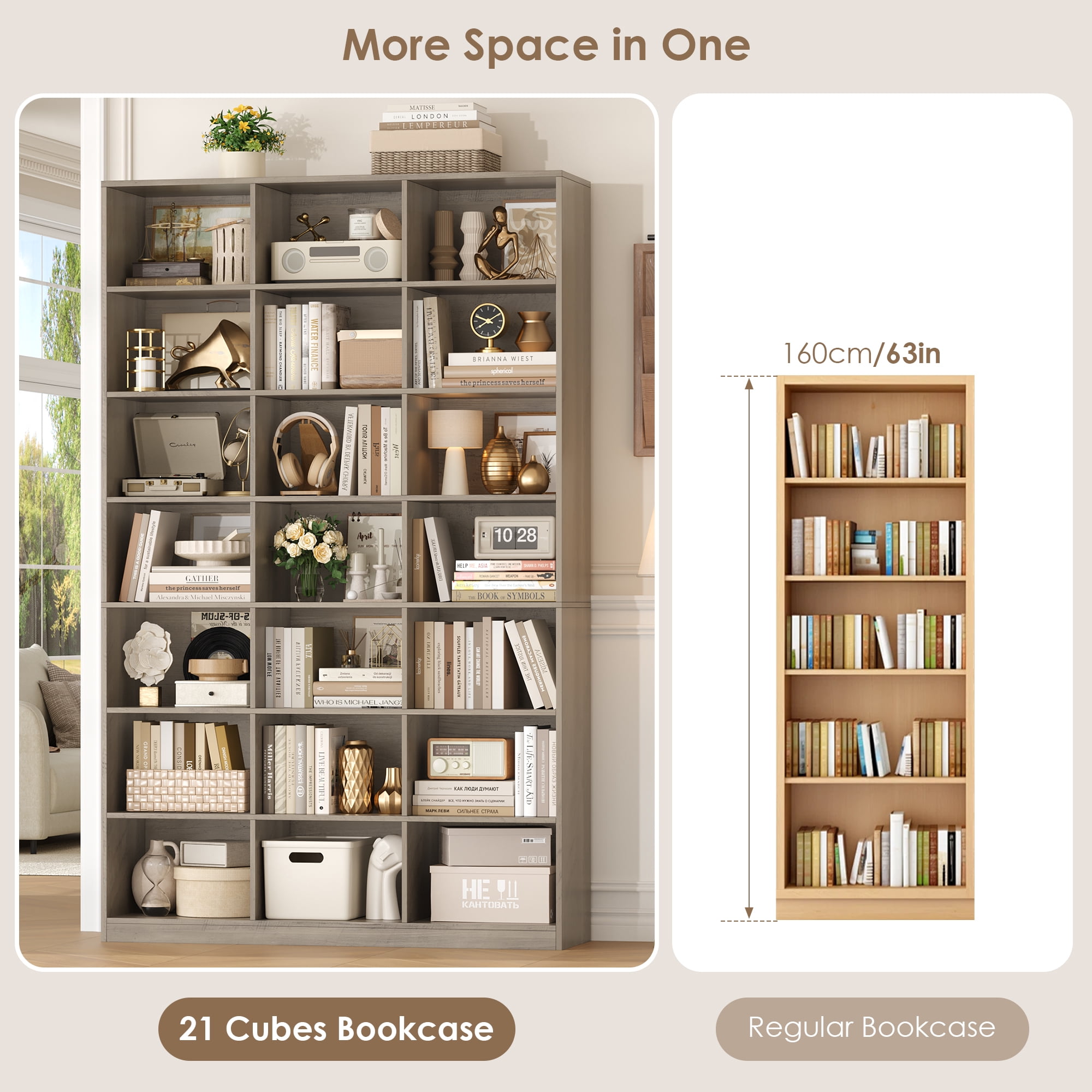 Hiphuta 21-Cube Bookcase, 86"H Tall Wooden Bookshelves for Bedroom, Living Room and Office, Freestanding Display Shelves Cube Organizer, Ash Gray