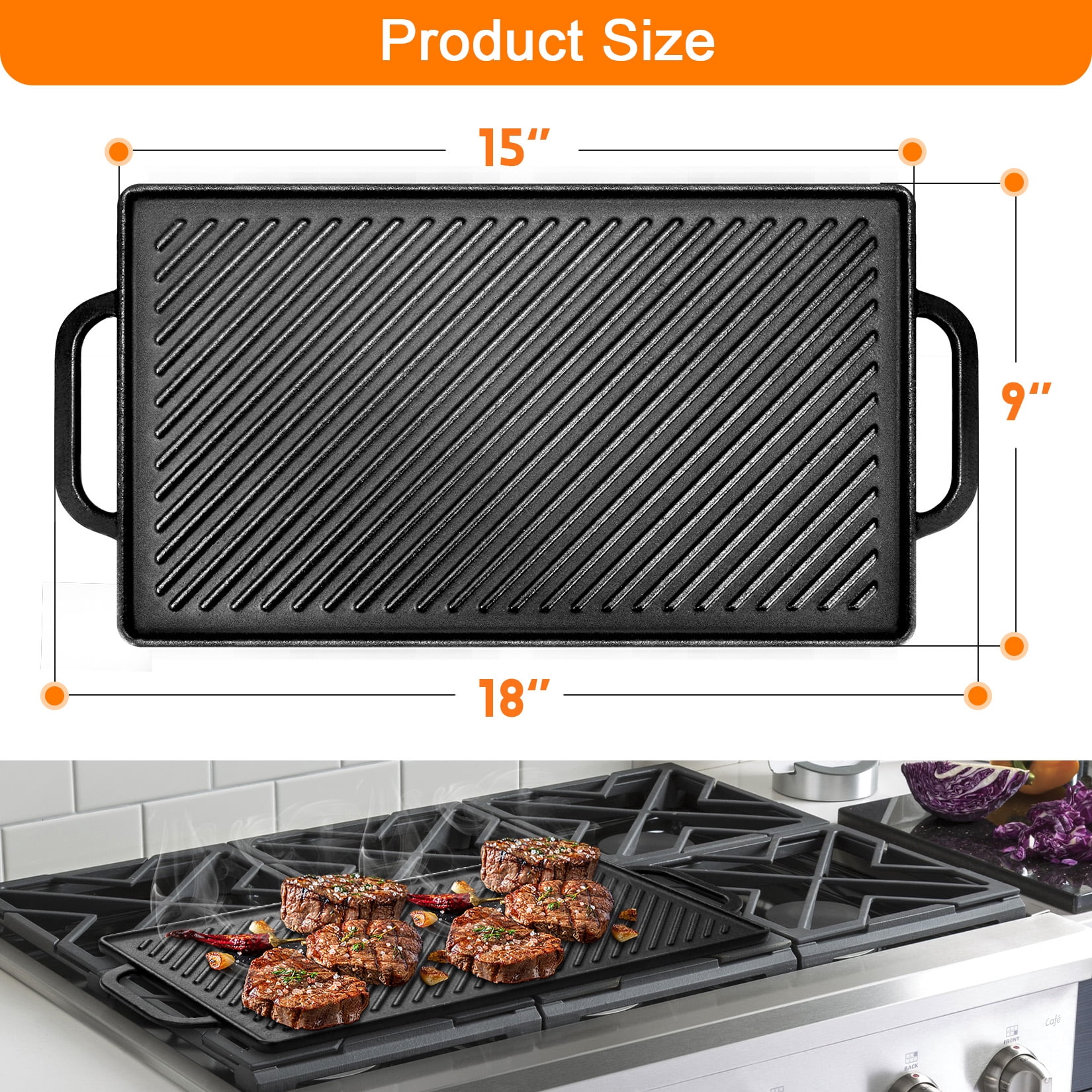 Uscover Cast Iron Reversible Grill and Griddle Pan 15x9 Inches with Handles for Gas Grill & Stove Top Black