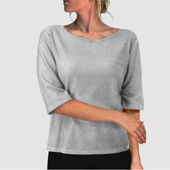 CFLVAEK Fashin Sparkly Glitter Printed Tops Women Shimmer Sequin Shirts Plus Size Half Sleeve Party Club Shirt Casual Round Neck Tshirts XL