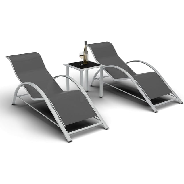 Chaises de Patio Chaises Longues d'Extérieur Ensemble de 3 - Chaise Longue Inclinable Robuste avec Table d'Appoint en Aluminium, Gris, Résistant aux Intempéries pour Bord de Piscine, Plage (3 Pcs)