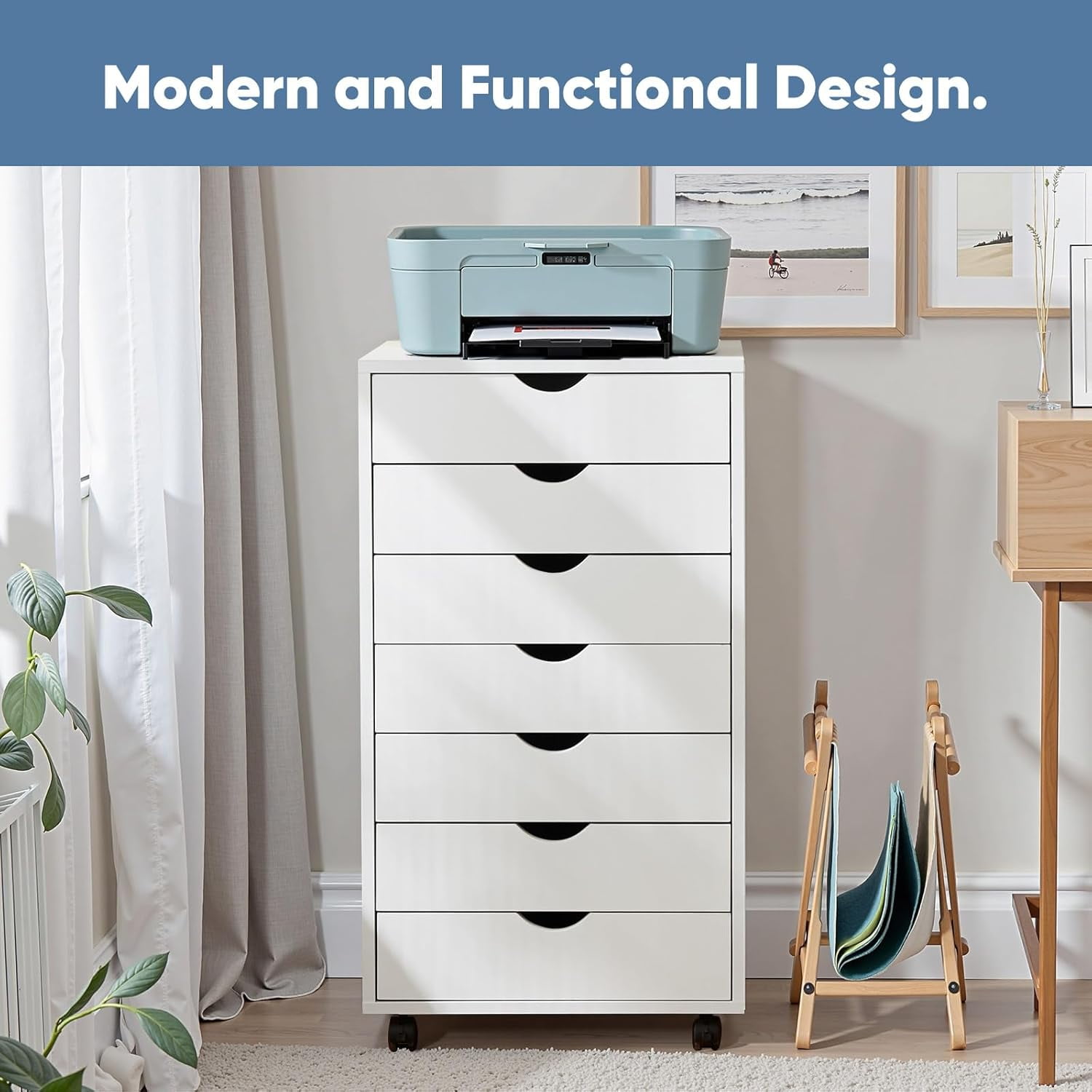 7 Drawer Storage Organizer, 34.25'' Height File Cabinets Dressers With Wheels, Wood Cabinet For Home Office, Bedroom, Study, White