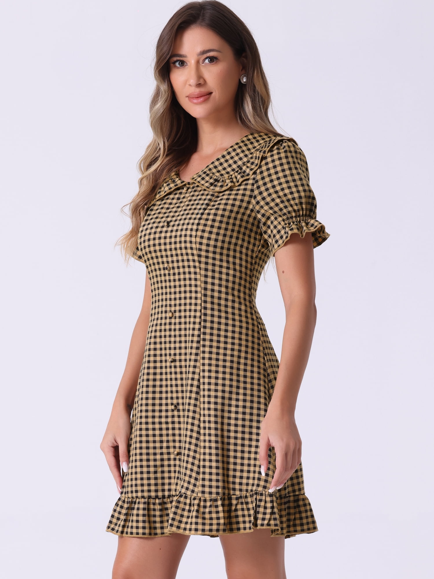 DARING DIVA Gingham Print Ruffled Doll Collar Puff Sleeve Mini Dress XS Dark Brown