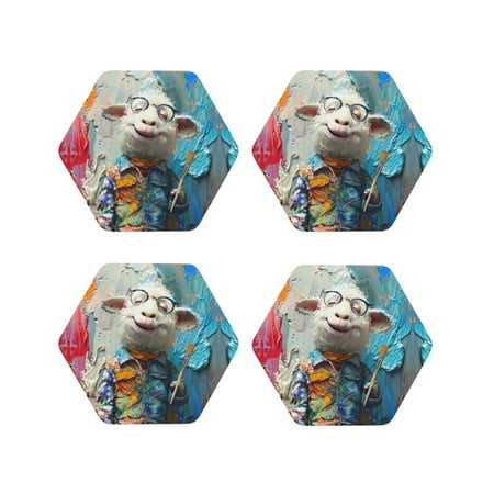 

Coasters Set of 4 - Whimsical Goat Artist Drink Coasters for Tabletop Protection Leather Coasters for Living Room Decor and Housewarming Gift Hexagon