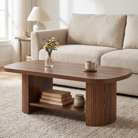 Fnova 45 Inch Oval Coffee Table with Storage Shelf, 2-Tier Rustic Brown Center Table for Living Room