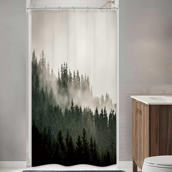 Dark Forest Stall Small Half Size Dorm Shower Curtain 36Wx72H Men Single Narrow Nature Tree Winter Mountain Foggy Woodland RV Bathroom Decor Printed Fabric Polyester Waterproof 7 Pack Hooks