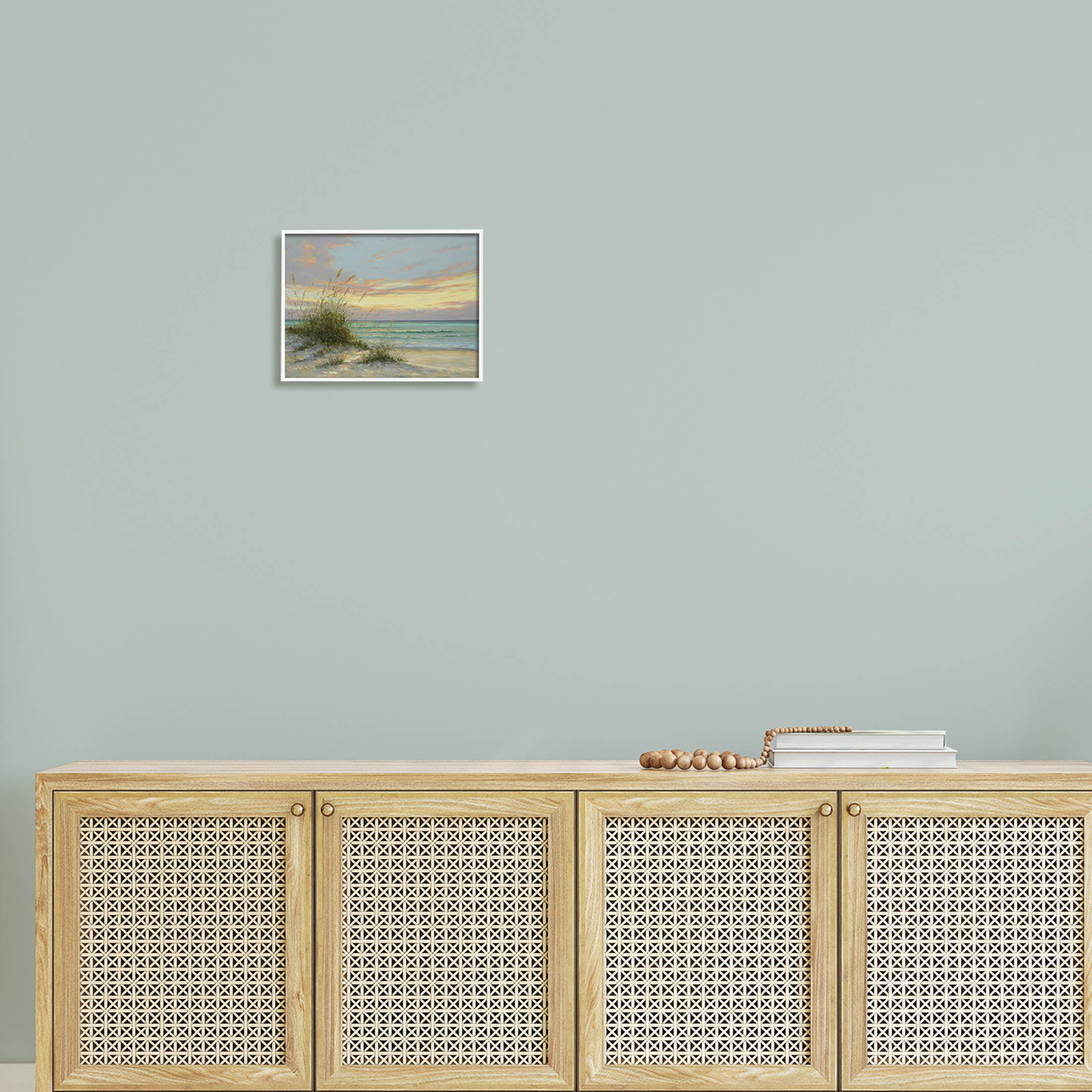 Beach Grass Vivid Sunset Coastal Painting White Framed Art Print Wall Art