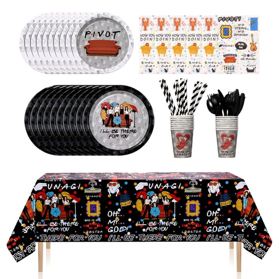 161CT iFriends Party Supplies Disposable iFriends AFN1Dinner Plates Straw Napkins Spoon Fork knives Tablecloth, iFriends Birthday Party Decorations and Party Tableware Serves 20 Guests, Black