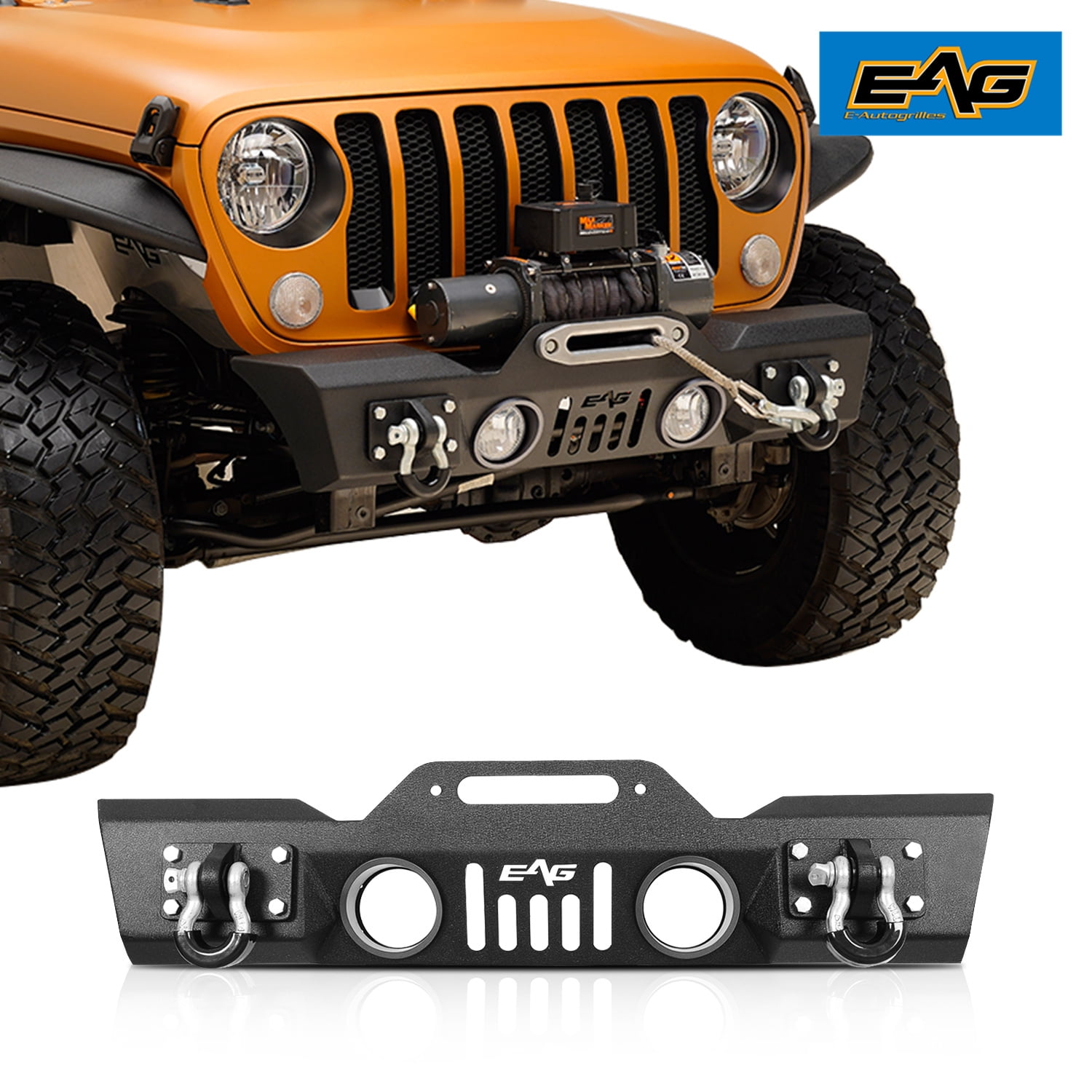 EAG Stubby Front Bumper Black Textured with D-Ring and Winch Plate Fit for  18-22 JL Wrangler 