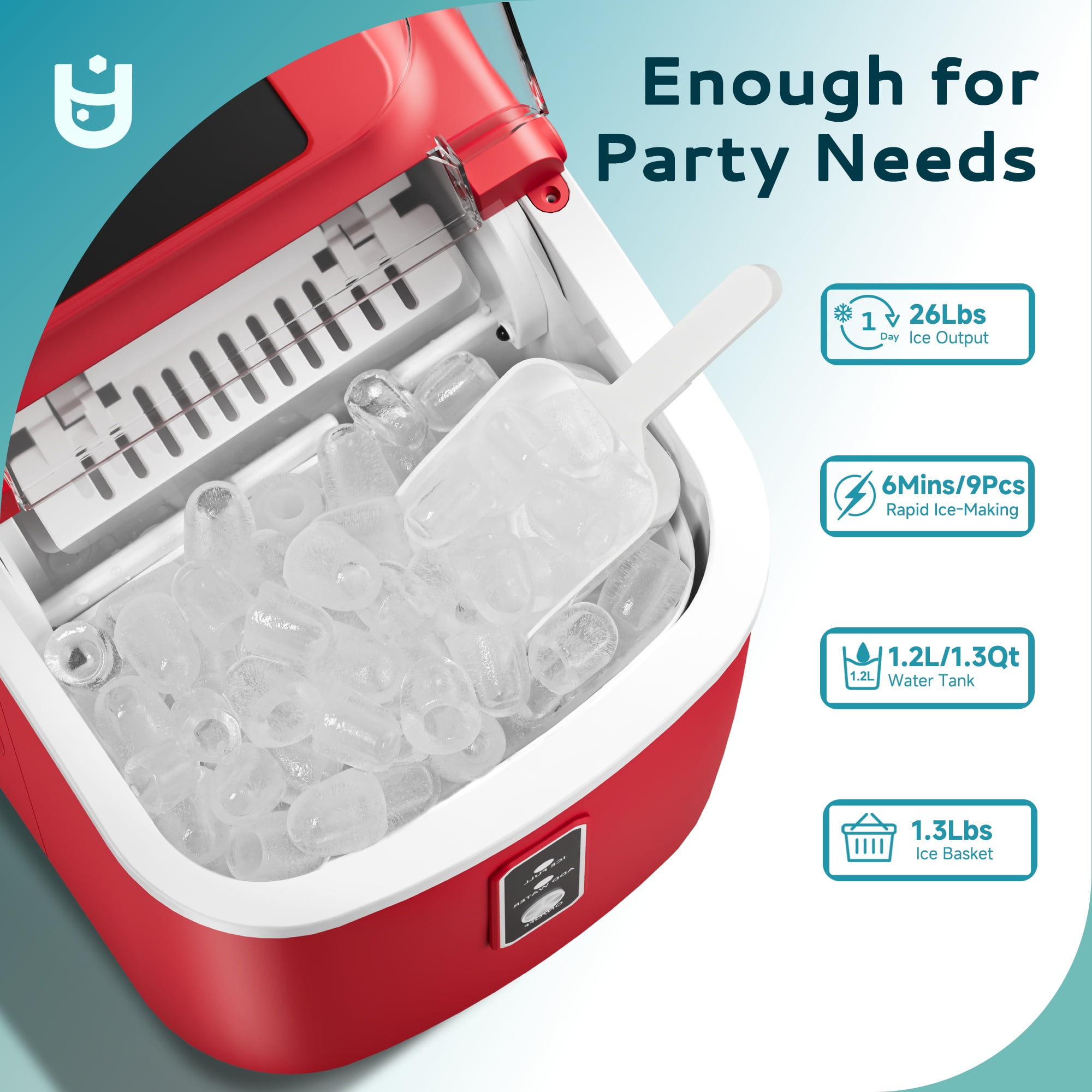 EUHOMY Countertop Ice Maker 26 lbs/Day Portable Self-Cleaning, 9 Bullet Ice in 6 Min, Red