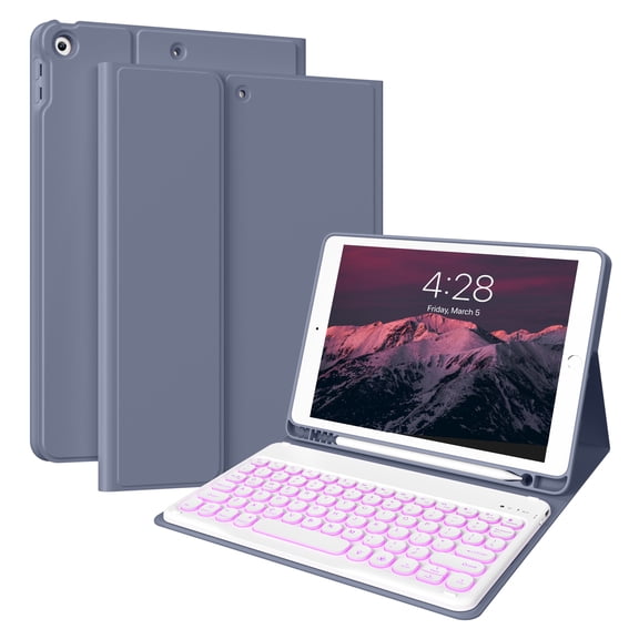 Aoub Backlit Keyboard Case for iPad 9th/8th/7th Generation 10.2 inch 2021/2020/2019 with Pencil Holder Stand Folio Detachable Wireless Bluetooth Keyboard Cover Soft TPU Back Case, Purple