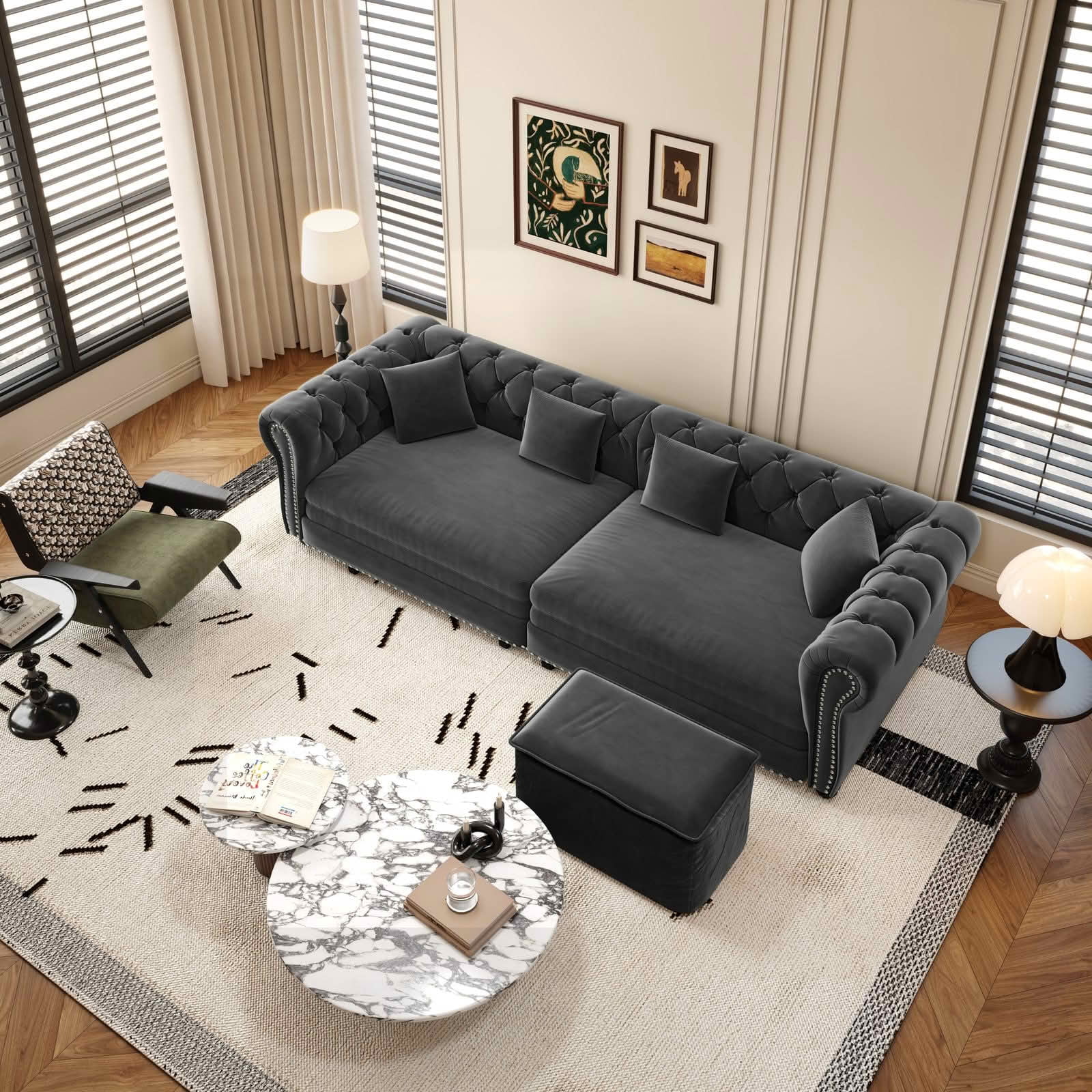 MAYEERTY 89" Chesterfield 3‑in‑1 Pull‑Out Sofa Bed, Tufted Velvet 3‑Seater Couch with Movable Ottoman, King Size Sleeper Chaise Lounge, 4 Pillows Included
