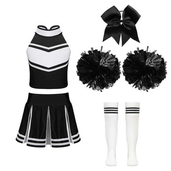 Eandarui High School Girls Cheer Leader Costume Cheerleading Uniform Outfit Matching Pom Poms and Socks A White&Black 6