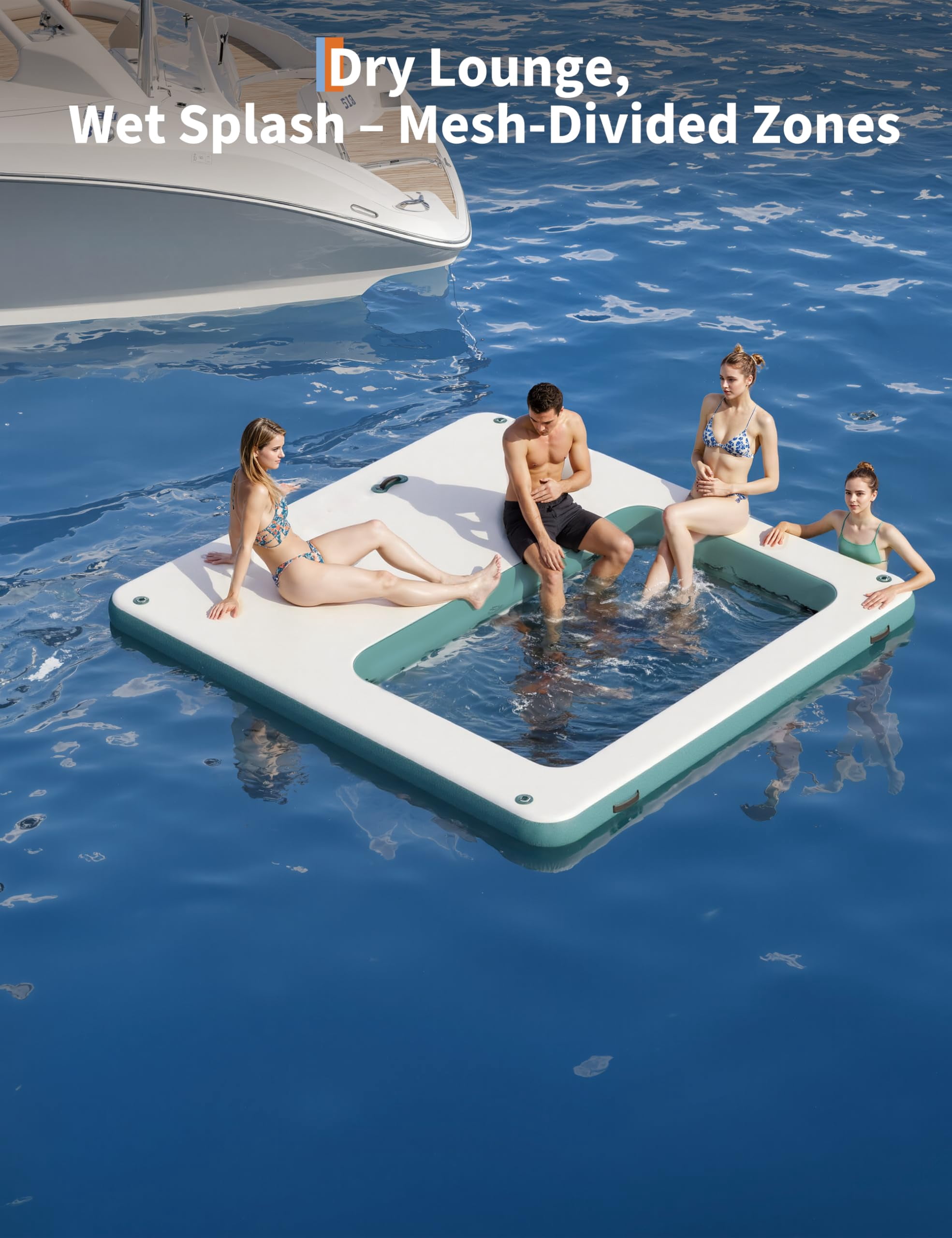 10x10FT Inflatable Floating Dock, Square Floating Platform with Mesh Hammock, Non-Slip EVA Deck, Rope Ladder for Lake, Pool, Beach, Boating, Yoga, Party