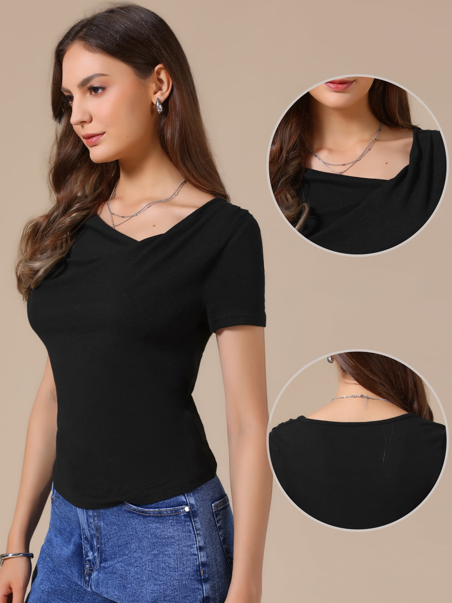 DARING DIVA Women's Short Sleeves Top Ruched Going Out Crop Slim Tee Blouse L Black