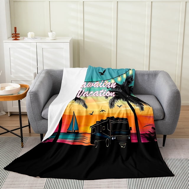 Erosebridal Beach Camping Sherpa Blanket, RV Car Fuzzy Blanket Throw, Sailboat Ocean Decor