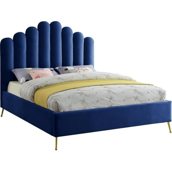 Maklaine Contemporary Solid Wood and Tufted Velvet King Bed in Navy
