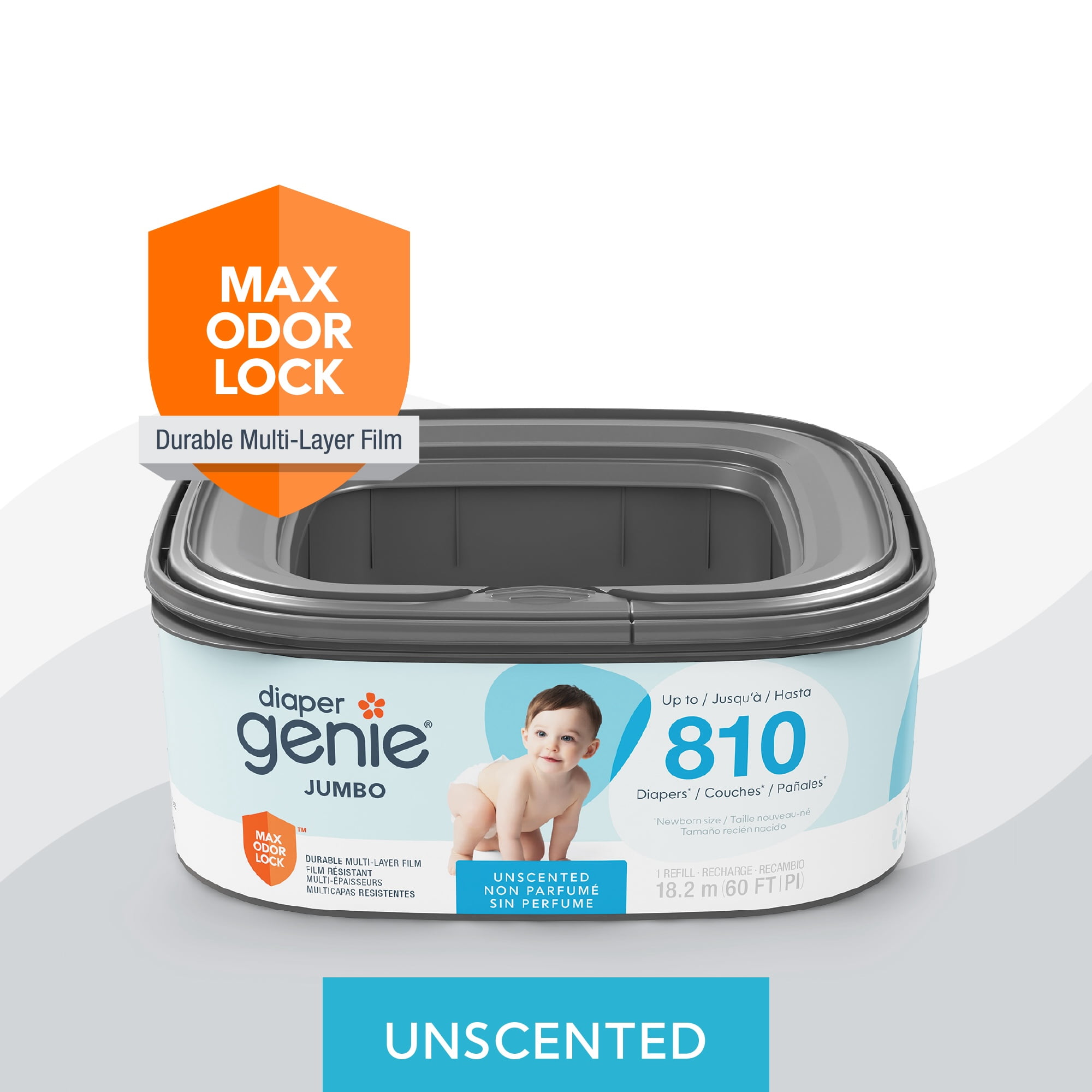 (4 pack) Diaper Genie Jumbo Square Refill, Unscented, Holds up to 810 Newborn Diapers, 1 Pack