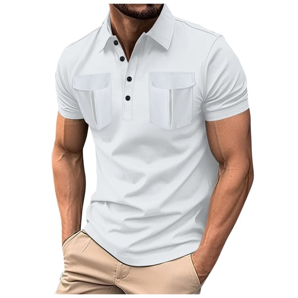 Polo de verano para hombre con solapa, botones y doble bolsillo, color liso, manga corta y corte informal