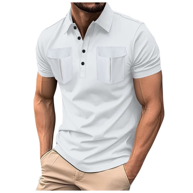 Summer Men's Lapel Button Double Pocket Solid Color Polo Shirt - Short Sleeve, Casual Fit