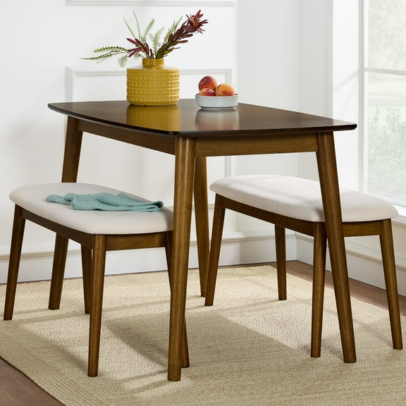 Best Choice Products 3-Piece Mid-Century Modern Upholstered Wooden Dining Set w/ 2 Bench Seats - Walnut/Cream