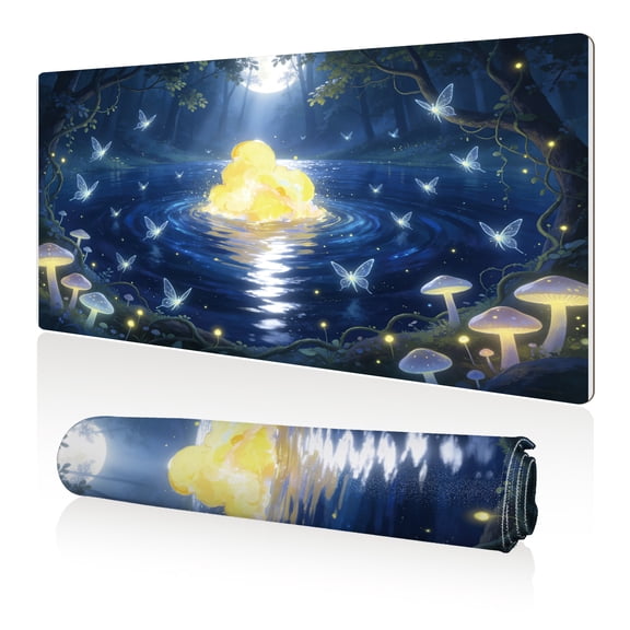 LIVEKEY Mouse Pad 80x40x0.3cm Magical Night Forest with Glowing Mushrooms Fireflies and Moonlit Pond Extra Large Full Desk Coverage Non Slip Durable Easy Clean Stitched Edges for Gaming and Office