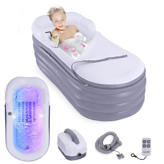 SereneLife Spa Bathtub with Bubble Massage Mat – Inflatable Bathtub with Pillow, Cup Holder, Remote Control for LED Lighting, Backrest and Armrests, Supporting Up To 190 lbs. 66" x 30" x 26"