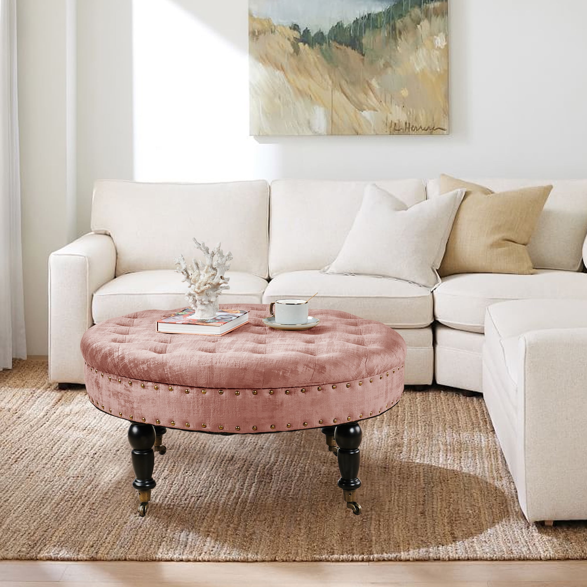 Home Soft Things Textured Velvet Coffee Table Round ottoman Withered