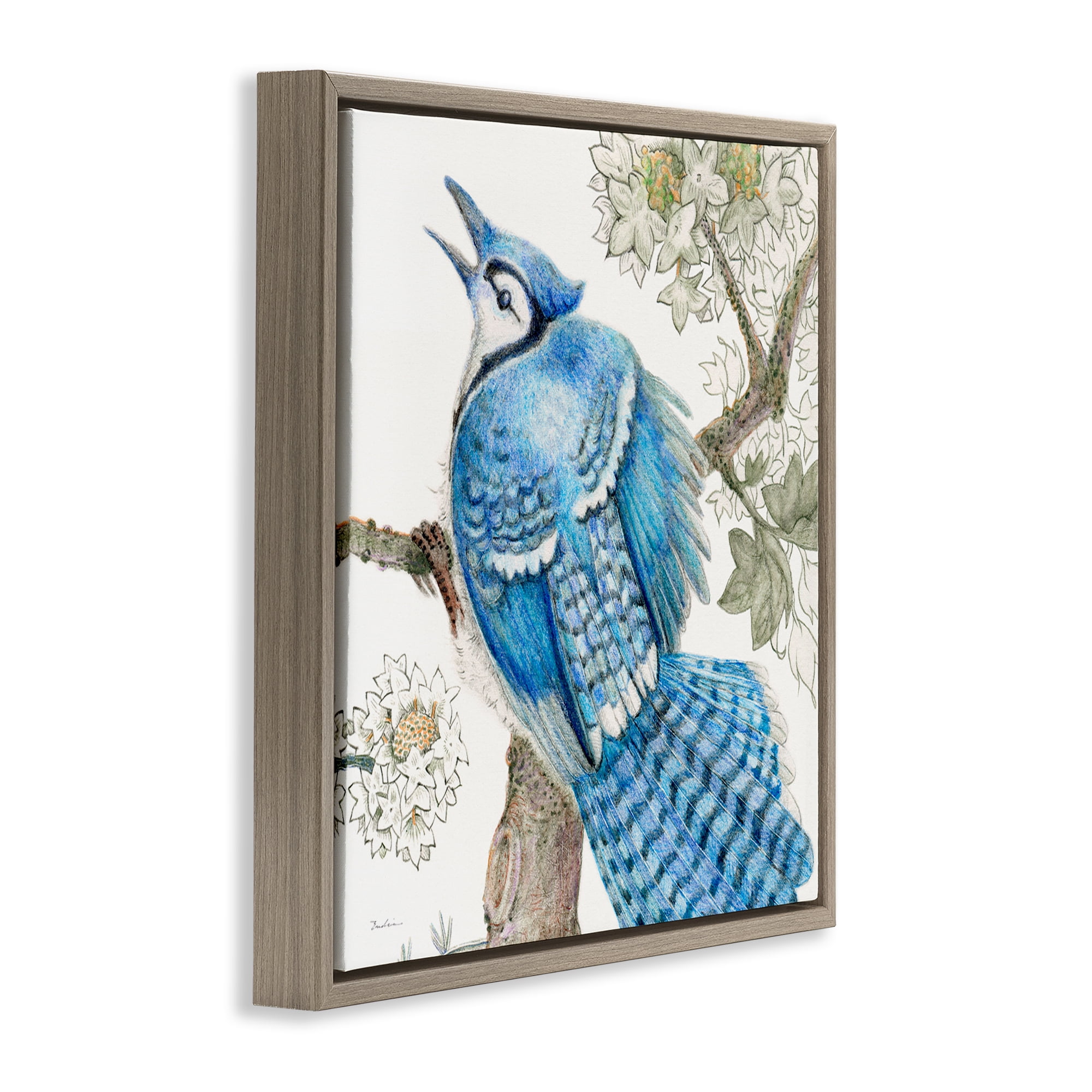 Stupell Industries Rhododendron & Blue Jay Animals Painting Brown Floater Framed Canvas Art Print Wall Art, 25 x 25