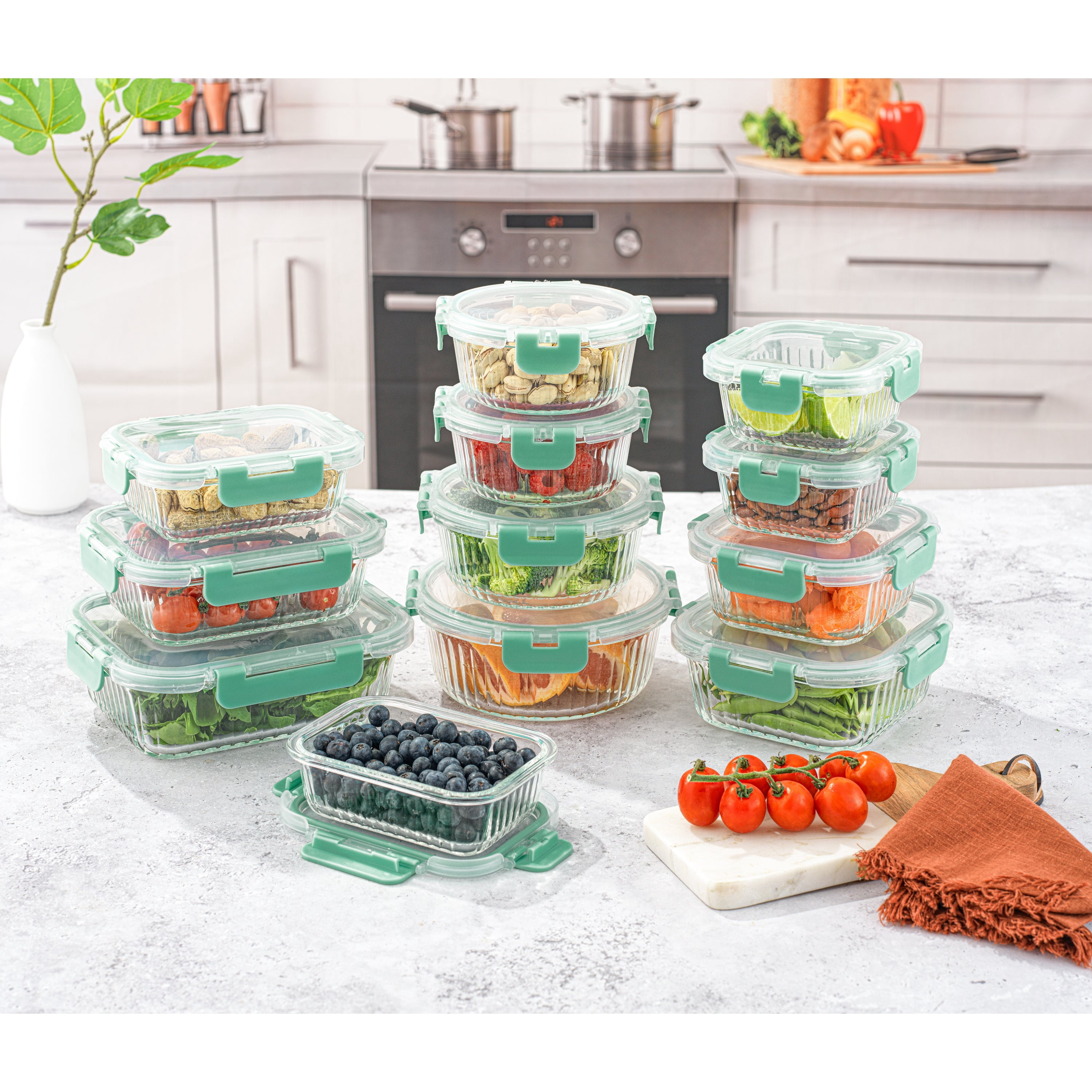 JoyJolt 24-Piece Fluted Food Storage Container Set with Lids - Green