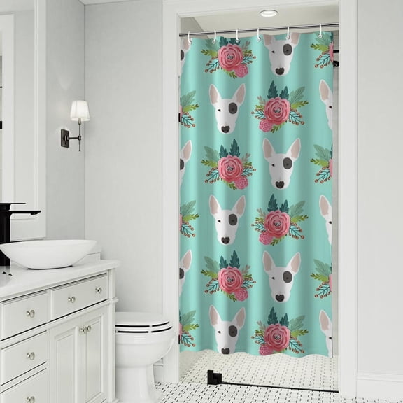 Bull Terrier Dog and Flower Florals Shower Curtain 36"x72" ,Bathroom Decorative Shower Curtains Set with 12 Hooks,Modern Waterproof Washable Shower Curtain