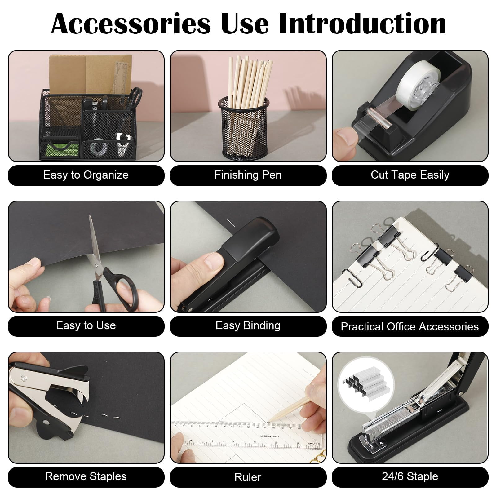 Black Desk Organizer And Accessories  Asccessories Office Supply Kit Include Mesh Desktop Stapler 1000 Staples Tape Dispenser Pen Holder Staple Remover Clips Ruler