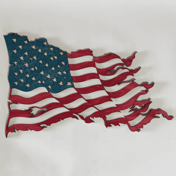 Wooden Tattered American Flag, Red White & Blue, 17x12 Inch