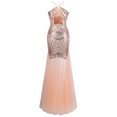 thumbnail image 4 of Angel-fashions Women's Halter Neck Formal Evening Party Dress Luxury Geometry Sequin Pattern Hollow Out Illusion Party Gown Light Coral M Size, 4 of 7