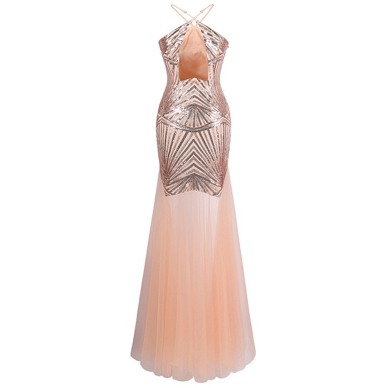 coral sequin bridesmaid dresses B203012 Long Boat Neckline Sequin & Poly Chiffon Bridesmaid Dress
