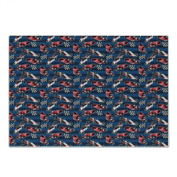 Cars Cutting Board, Vintage Racing Cars on Blue Stripes with Checkered Flags Automobile Sports, Decorative Tempered Glass Cutting and Serving Board, Small Size, Navy Blue Red Black, by Ambesonne