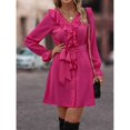 thumbnail image 3 of Robe à Manches Longues Col en V Profond Couleur Unie Falbala Robe pour Femmes pour Fête Loisirs Bureau École Rose Rouge m, 3 of 8