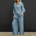 thumbnail image 2 of Long Sleeve Linen Sets for Women, Button Shirt with Long Pants Loose Caual Outfits,Summer Beach Vacation Outfits Linen Two Piece Set Lady Blue S, 2 of 6