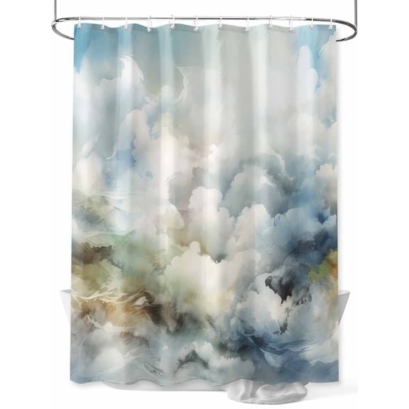 Abstract Watercolor Shower Curtain, Gradient Sky Blue Clouds Waterproof Shower Curtain Set with 12 Hooks Lightweight Washable Fabric Shower Curtains for Bathroom 72x72 Inches