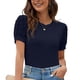 thumbnail image 1 of Camisa informal para mujer, mangas abullonadas, lunares, ajustada, cuello redondo, blusa de moda de Color sólido, 1 of 6