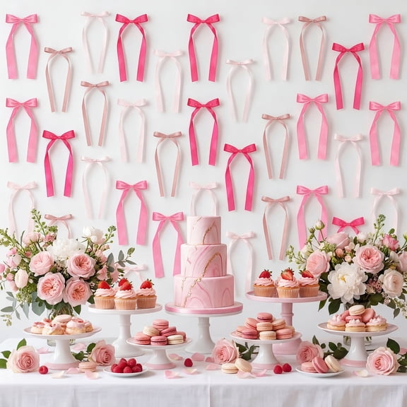 Atopoler Pink Bow Wall Decor,5 Sizes Pink Bow Party Decoration,for Baby Shower Women Girls Birthday Christmas Room ,45Pcs