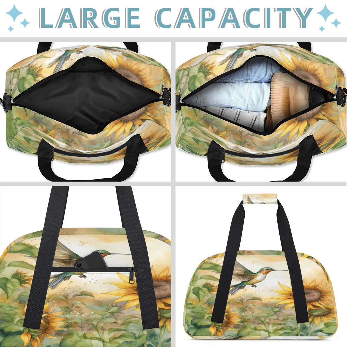 Herdesigns Sunflower Sports Duffle Bag for Women & Men, Hummingbird Gym Bag Dance Bag Overnight Bag Carry On Weekender Travel Bag