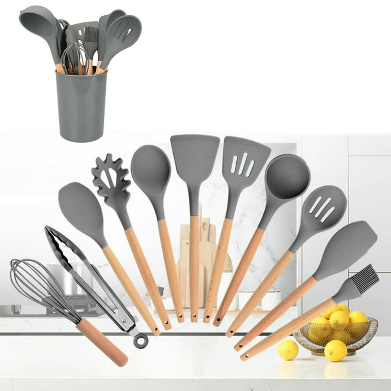 12pcs/set Wood Handle Kitchen Utensils Non-stick Silicone Cookware