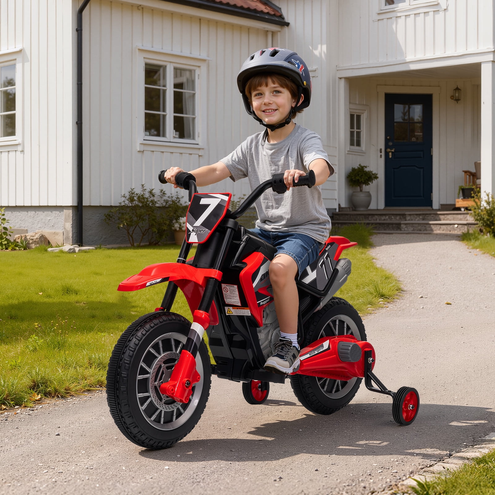 Mukidy 12V Electric Motorcycle for Kids Dirt Bike Ride on Toy Battery Powered Off-Road Motorbike w/ Training Wheels, Age 3-8 Year Old, Red