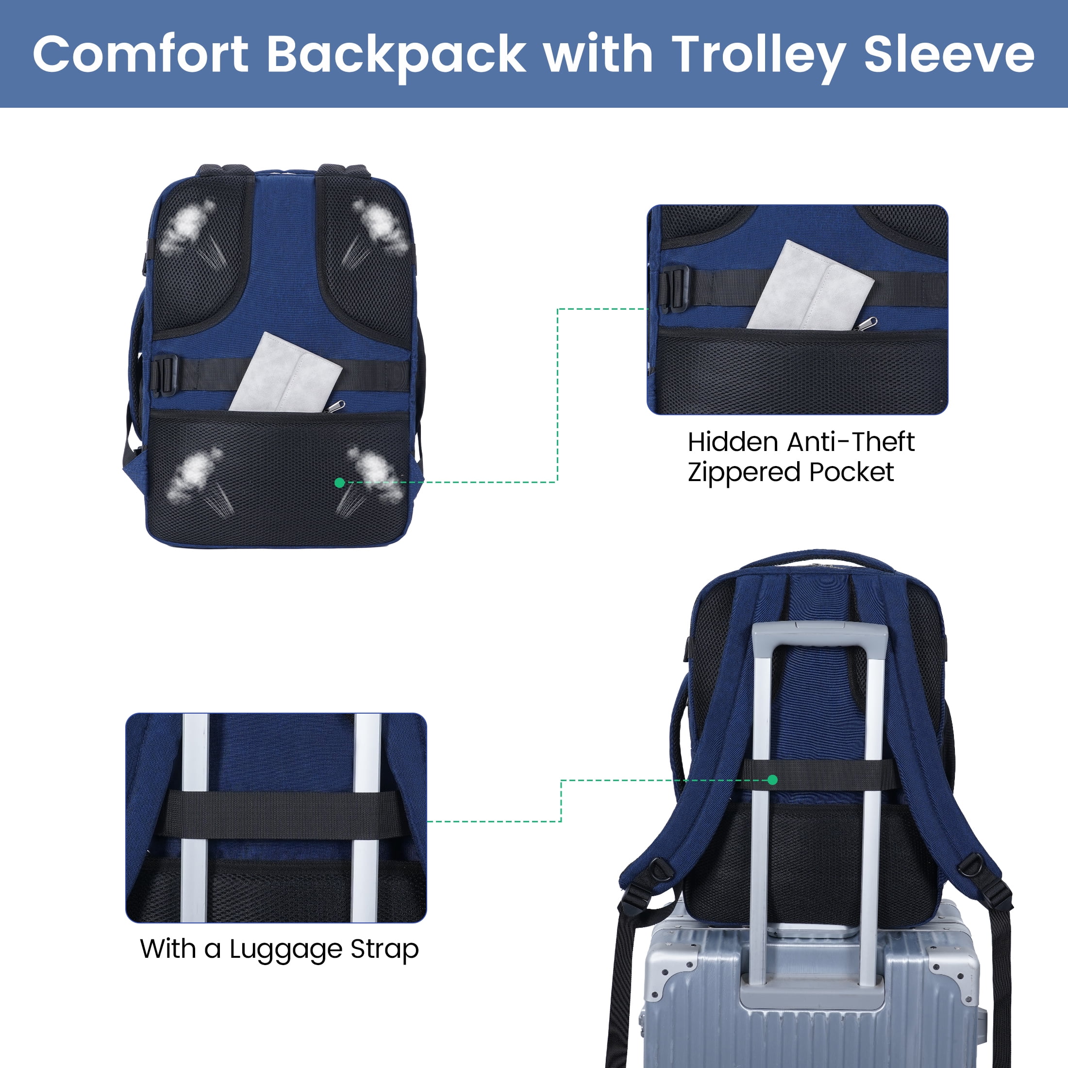 Business Travel Backpack Fits 17 Inch Laptop for Personal Item Bag 18x14x8 Clamshell Opening Carry on Laptop Backpack for Men with Wet Pocket, Blue